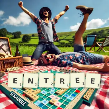 Creative illustration for a Scrabble game with the word ENTREE spelled out in tiles on the board.