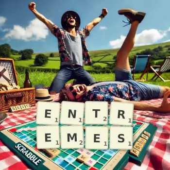 Creative illustration for a Scrabble game with the word ENTREMES spelled out in tiles on the board.