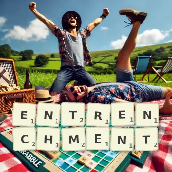 Creative illustration for a Scrabble game with the word ENTRENCHMENT spelled out in tiles on the board.