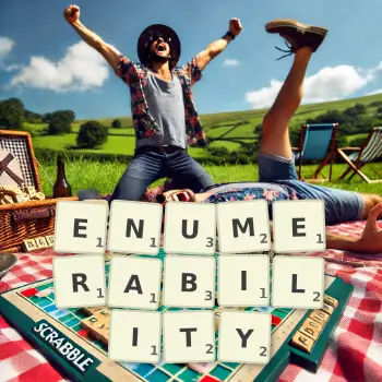 Creative illustration for a Scrabble game with the word ENUMERABILITY spelled out in tiles on the board.