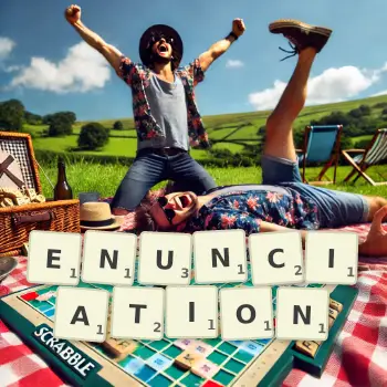 Creative illustration for a Scrabble game with the word ENUNCIATION spelled out in tiles on the board.