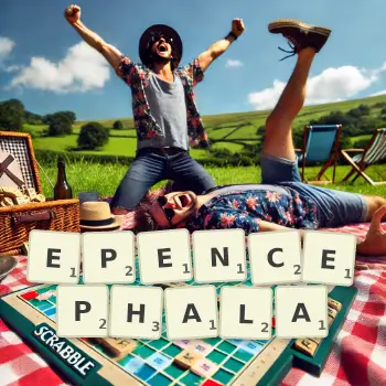 Creative illustration for a Scrabble game with the word EPENCEPHALA spelled out in tiles on the board.