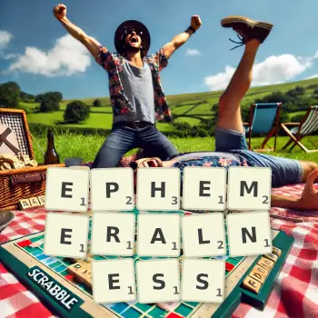 Creative illustration for a Scrabble game with the word EPHEMERALNESS spelled out in tiles on the board.