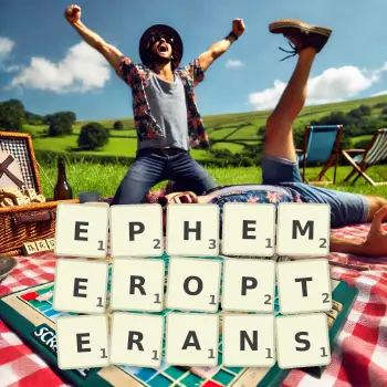 Creative illustration for a Scrabble game with the word EPHEMEROPTERANS spelled out in tiles on the board.