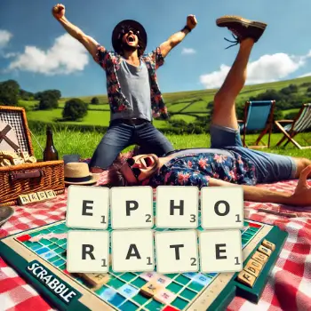 Creative illustration for a Scrabble game with the word EPHORATE spelled out in tiles on the board.
