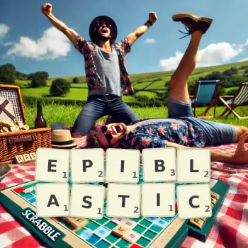 Creative illustration for a Scrabble game with the word EPIBLASTIC spelled out in tiles on the board.