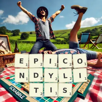 Creative illustration for a Scrabble game with the word EPICONDYLITIS spelled out in tiles on the board.