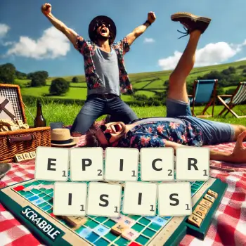 Creative illustration for a Scrabble game with the word EPICRISIS spelled out in tiles on the board.