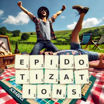 Creative illustration for a Scrabble game with the word EPIDOTIZATIONS spelled out in tiles on the board.