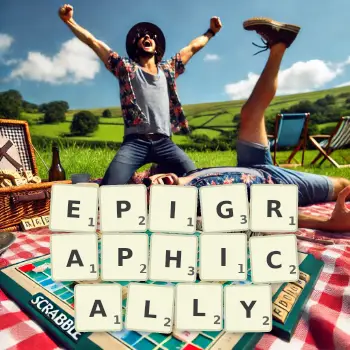 Creative illustration for a Scrabble game with the word EPIGRAPHICALLY spelled out in tiles on the board.