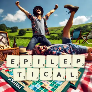 Creative illustration for a Scrabble game with the word EPILEPTICAL spelled out in tiles on the board.