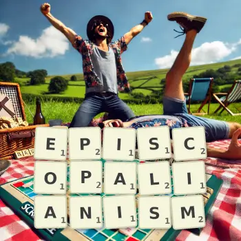 Creative illustration for a Scrabble game with the word EPISCOPALIANISM spelled out in tiles on the board.