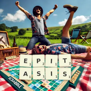 Creative illustration for a Scrabble game with the word EPITASIS spelled out in tiles on the board.