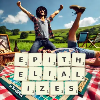 Creative illustration for a Scrabble game with the word EPITHELIALIZES spelled out in tiles on the board.