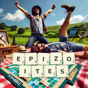 Creative illustration for a Scrabble game with the word EPIZOITES spelled out in tiles on the board.