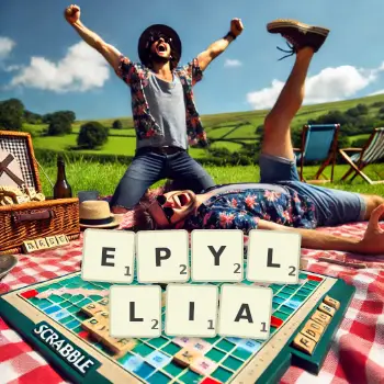 Creative illustration for a Scrabble game with the word EPYLLIA spelled out in tiles on the board.