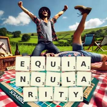 Creative illustration for a Scrabble game with the word EQUIANGULARITY spelled out in tiles on the board.