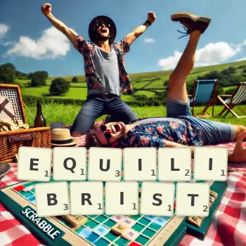 Creative illustration for a Scrabble game with the word EQUILIBRIST spelled out in tiles on the board.