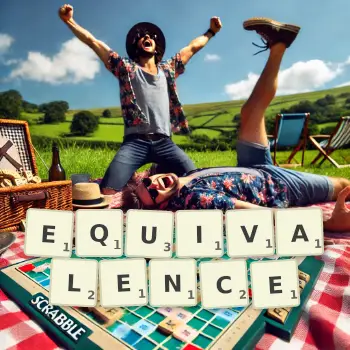 Creative illustration for a Scrabble game with the word EQUIVALENCE spelled out in tiles on the board.