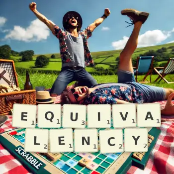 Creative illustration for a Scrabble game with the word EQUIVALENCY spelled out in tiles on the board.