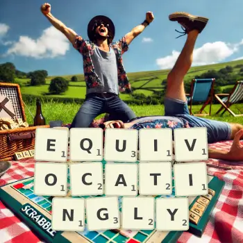 Creative illustration for a Scrabble game with the word EQUIVOCATINGLY spelled out in tiles on the board.