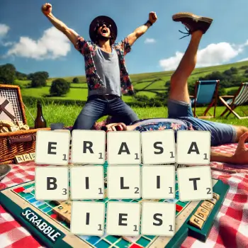 Creative illustration for a Scrabble game with the word ERASABILITIES spelled out in tiles on the board.