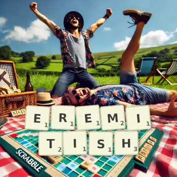 Creative illustration for a Scrabble game with the word EREMITISH spelled out in tiles on the board.