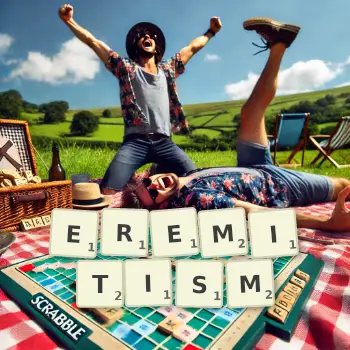 Creative illustration for a Scrabble game with the word EREMITISM spelled out in tiles on the board.