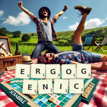 Creative illustration for a Scrabble game with the word ERGOGENIC spelled out in tiles on the board.