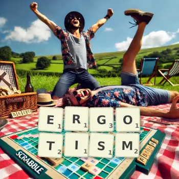 Creative illustration for a Scrabble game with the word ERGOTISM spelled out in tiles on the board.