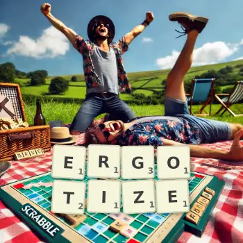 Creative illustration for a Scrabble game with the word ERGOTIZE spelled out in tiles on the board.