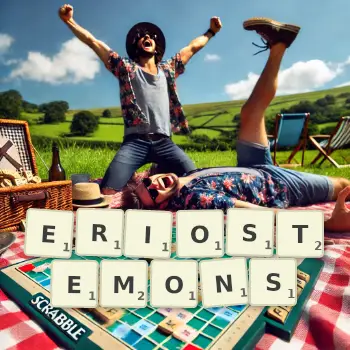 Creative illustration for a Scrabble game with the word ERIOSTEMONS spelled out in tiles on the board.