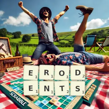 Creative illustration for a Scrabble game with the word ERODENTS spelled out in tiles on the board.