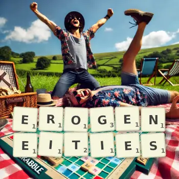 Creative illustration for a Scrabble game with the word EROGENEITIES spelled out in tiles on the board.