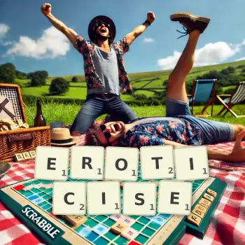 Creative illustration for a Scrabble game with the word EROTICISE spelled out in tiles on the board.