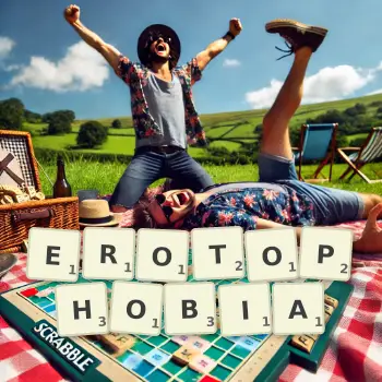 Creative illustration for a Scrabble game with the word EROTOPHOBIA spelled out in tiles on the board.