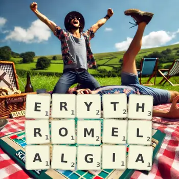 Creative illustration for a Scrabble game with the word ERYTHROMELALGIA spelled out in tiles on the board.