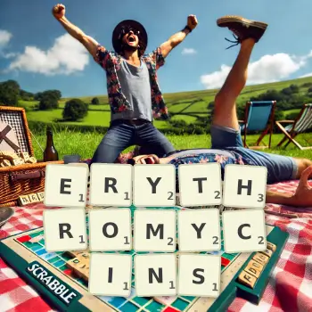 Creative illustration for a Scrabble game with the word ERYTHROMYCINS spelled out in tiles on the board.