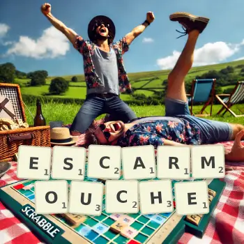 Creative illustration for a Scrabble game with the word ESCARMOUCHE spelled out in tiles on the board.