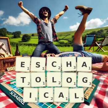 Creative illustration for a Scrabble game with the word ESCHATOLOGICAL spelled out in tiles on the board.