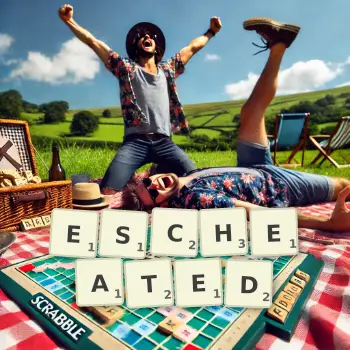 Creative illustration for a Scrabble game with the word ESCHEATED spelled out in tiles on the board.