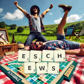 Creative illustration for a Scrabble game with the word ESCHEWS spelled out in tiles on the board.