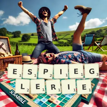 Creative illustration for a Scrabble game with the word ESPIEGLERIE spelled out in tiles on the board.