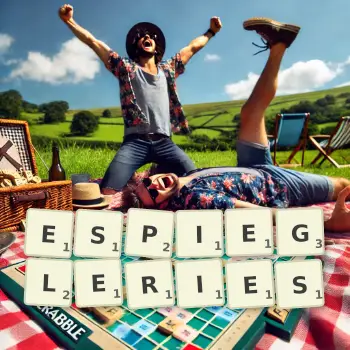 Creative illustration for a Scrabble game with the word ESPIEGLERIES spelled out in tiles on the board.