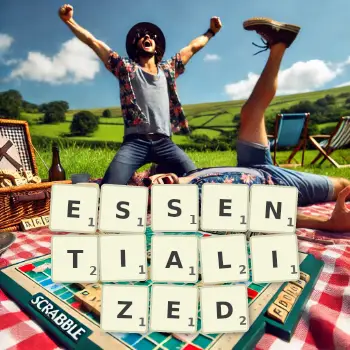 Creative illustration for a Scrabble game with the word ESSENTIALIZED spelled out in tiles on the board.