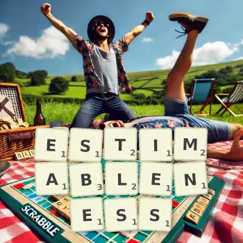 Creative illustration for a Scrabble game with the word ESTIMABLENESS spelled out in tiles on the board.