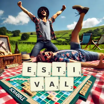 Creative illustration for a Scrabble game with the word ESTIVAL spelled out in tiles on the board.