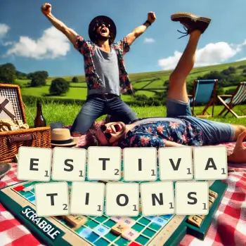 Creative illustration for a Scrabble game with the word ESTIVATIONS spelled out in tiles on the board.