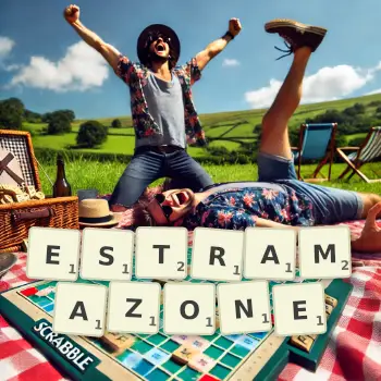 Creative illustration for a Scrabble game with the word ESTRAMAZONE spelled out in tiles on the board.