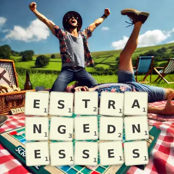 Creative illustration for a Scrabble game with the word ESTRANGEDNESSES spelled out in tiles on the board.
